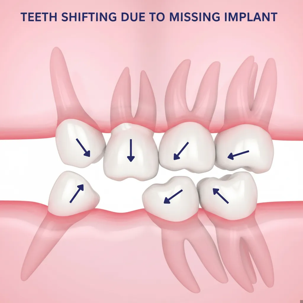 Diagram showing how adjacent teeth shift and tilt into the gap left by a missing tooth, and the opposing tooth extrudes downward